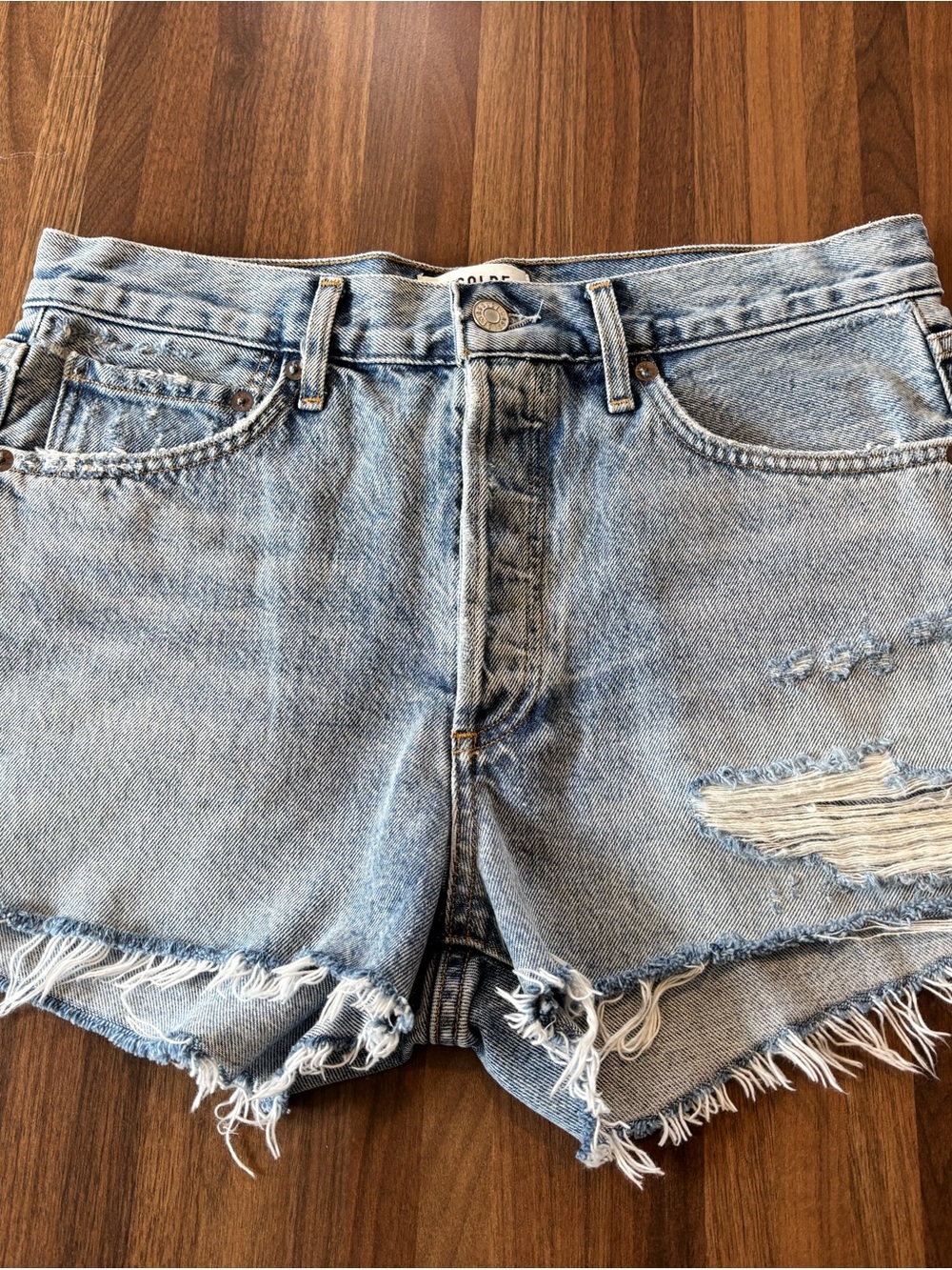 Agolde Light Blue Distressed Denim Shorts